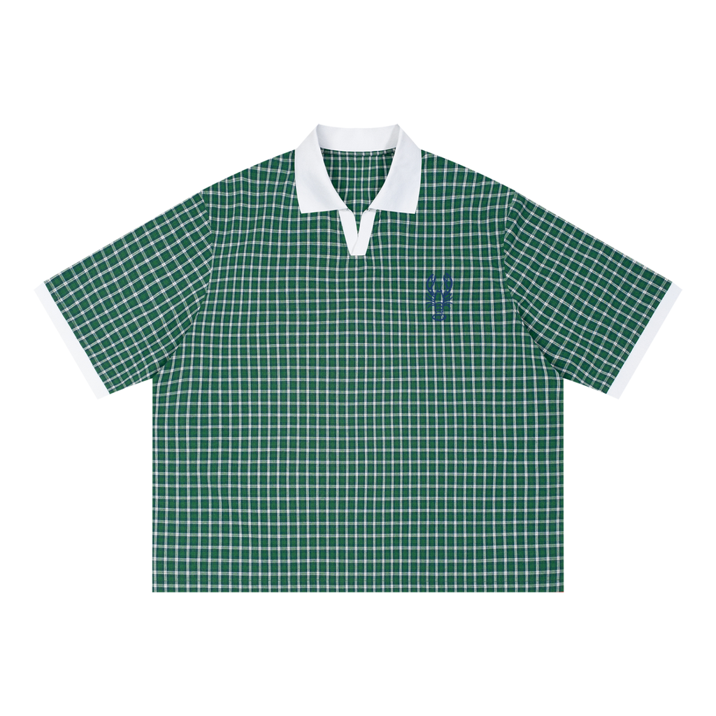 Unisex Boxy Plaid Color Block Polo Shirt
